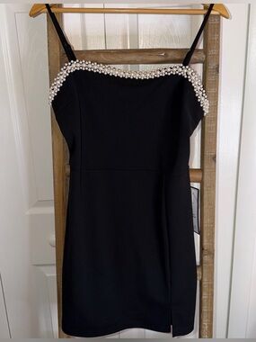 Macy's Black Mini Dress with Pearl Trim